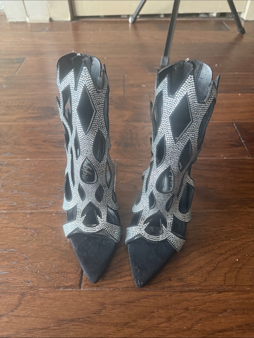Cape Robbin Black Pointed-Toe Cutout Heels with Silver Rhinestones
